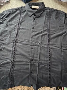 Slim-Fit Black Dress Shirt with Ladder Trim